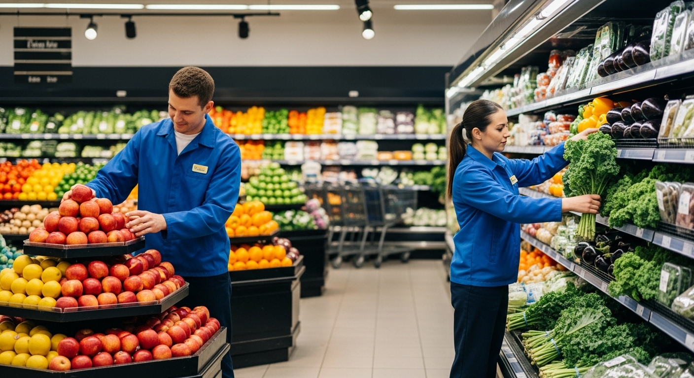 Hai nhân viên Big C đang tận tâm sắp xếp trái cây và rau củ tươi ngon, thể hiện sự chuyên nghiệp mà Big C tuyển dụng.