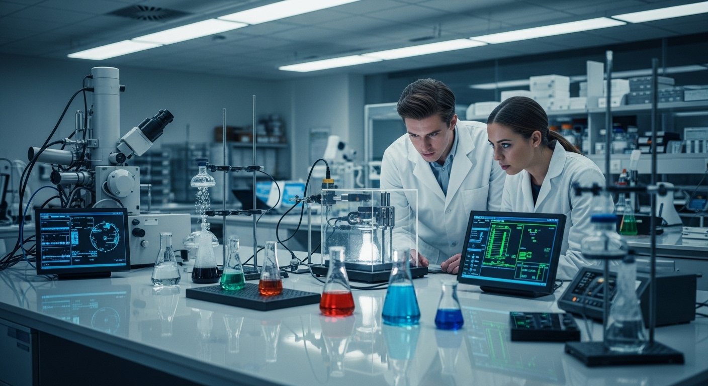 Hai sinh viên áo lab đang tập trung quan sát thí nghiệm trong phòng thí nghiệm khoa học công nghệ cao, trang bị kính hiển vi và màn hình kỹ thuật số hiện đại, tại một trong những trường đại học tốt nhất Hà Nội.