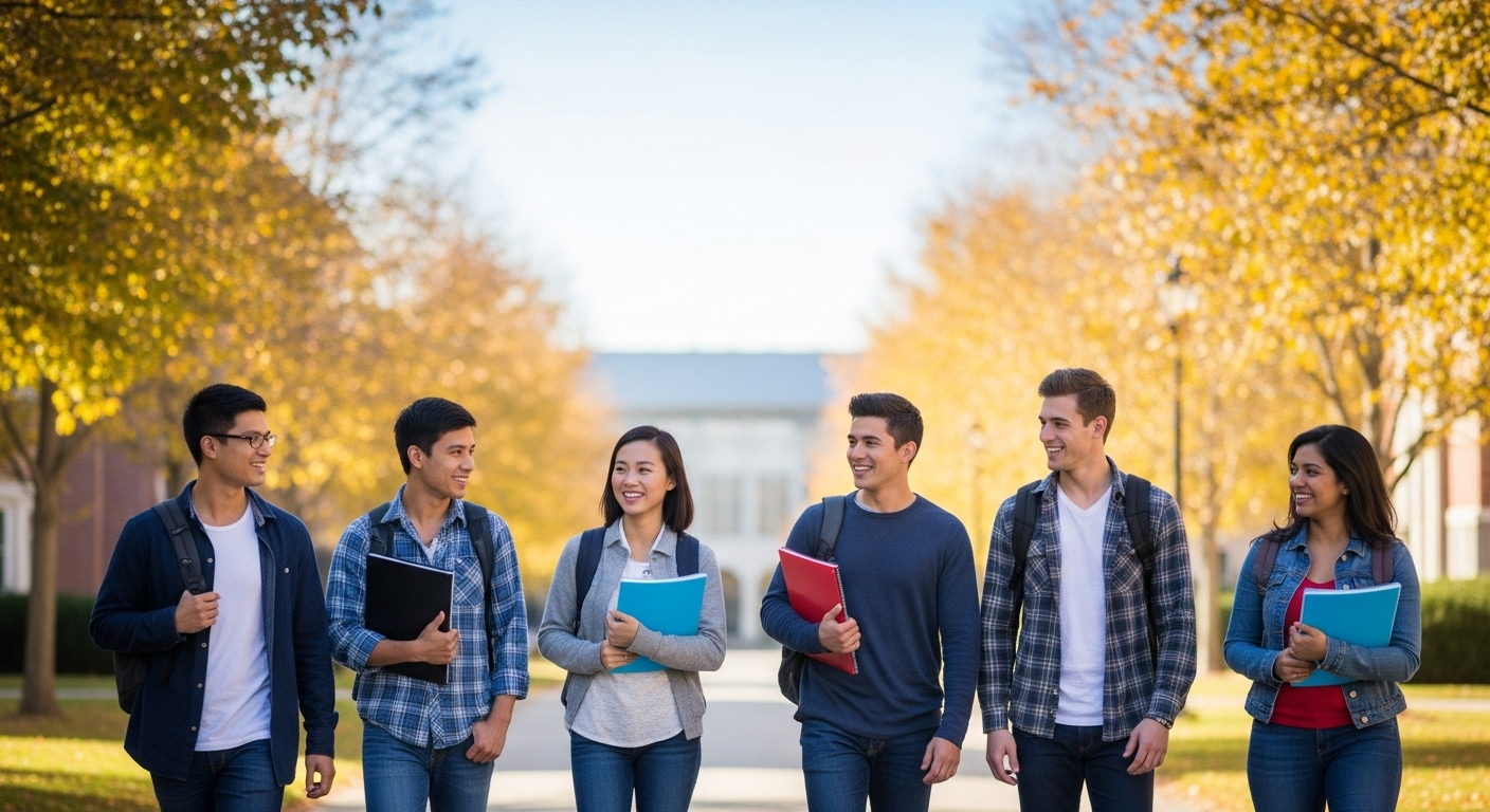 Nhóm sinh viên đa dạng, ba lô và sách trên vai, đang đi bộ và trò chuyện vui vẻ trên con đường rợp bóng cây trong khuôn viên trường vào mùa thu, gợi hình ảnh năng động của một trường đại học tốt nhất thế giới.