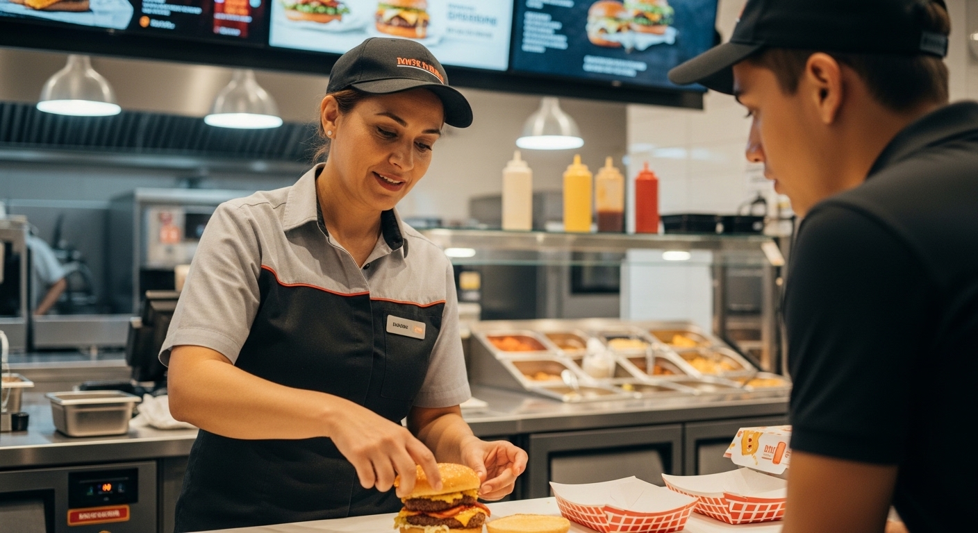 Một nhân viên Jollibee kỳ cựu tận tình hướng dẫn nghiệp vụ cho thành viên mới tại quầy phục vụ, minh họa quy trình đào tạo chuyên nghiệp sau tuyển dụng Jollibee.