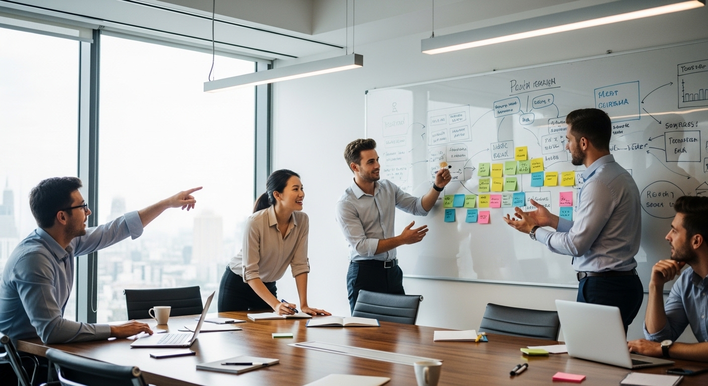 Đồng nghiệp tại phòng họp hiện đại đang động não sôi nổi quanh bảng trắng lớn, với các ghi chú và sơ đồ so sánh làm việc từ xa và làm việc tại văn phòng, thể hiện tinh thần làm việc nhóm hiệu quả.