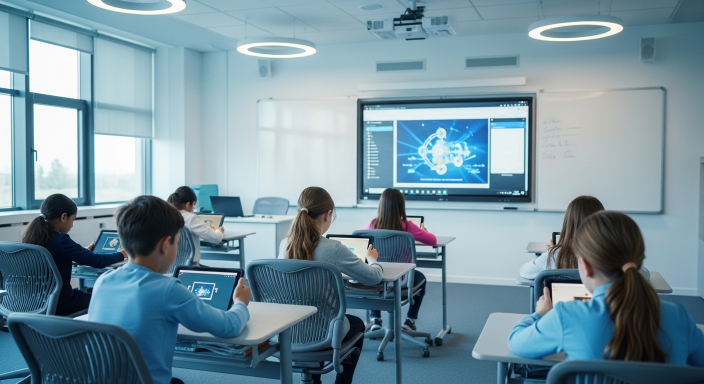 Lớp học hiện đại với học sinh tương tác máy tính bảng, màn hình kỹ thuật số lớn, minh chứng chuyển đổi số trong giáo dục được thúc đẩy bởi TOP 10 Công ty Công nghệ hàng đầu Việt Nam.