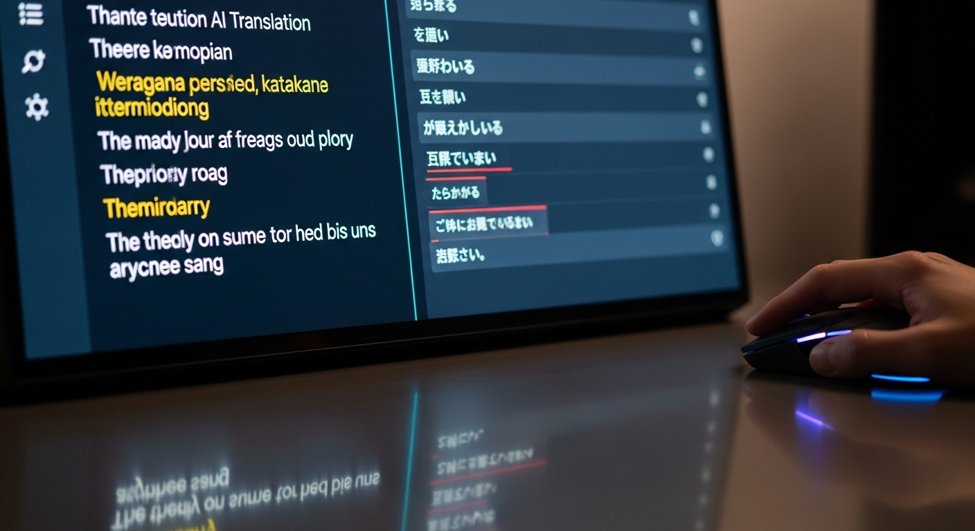 Màn hình máy tính hiển thị phần mềm dịch thuật AI hiện đại đang xử lý văn bản song ngữ, bao gồm chức năng phiên dịch tiếng Anh với gợi ý chỉnh sửa. Tay người dùng đặt trên chuột.