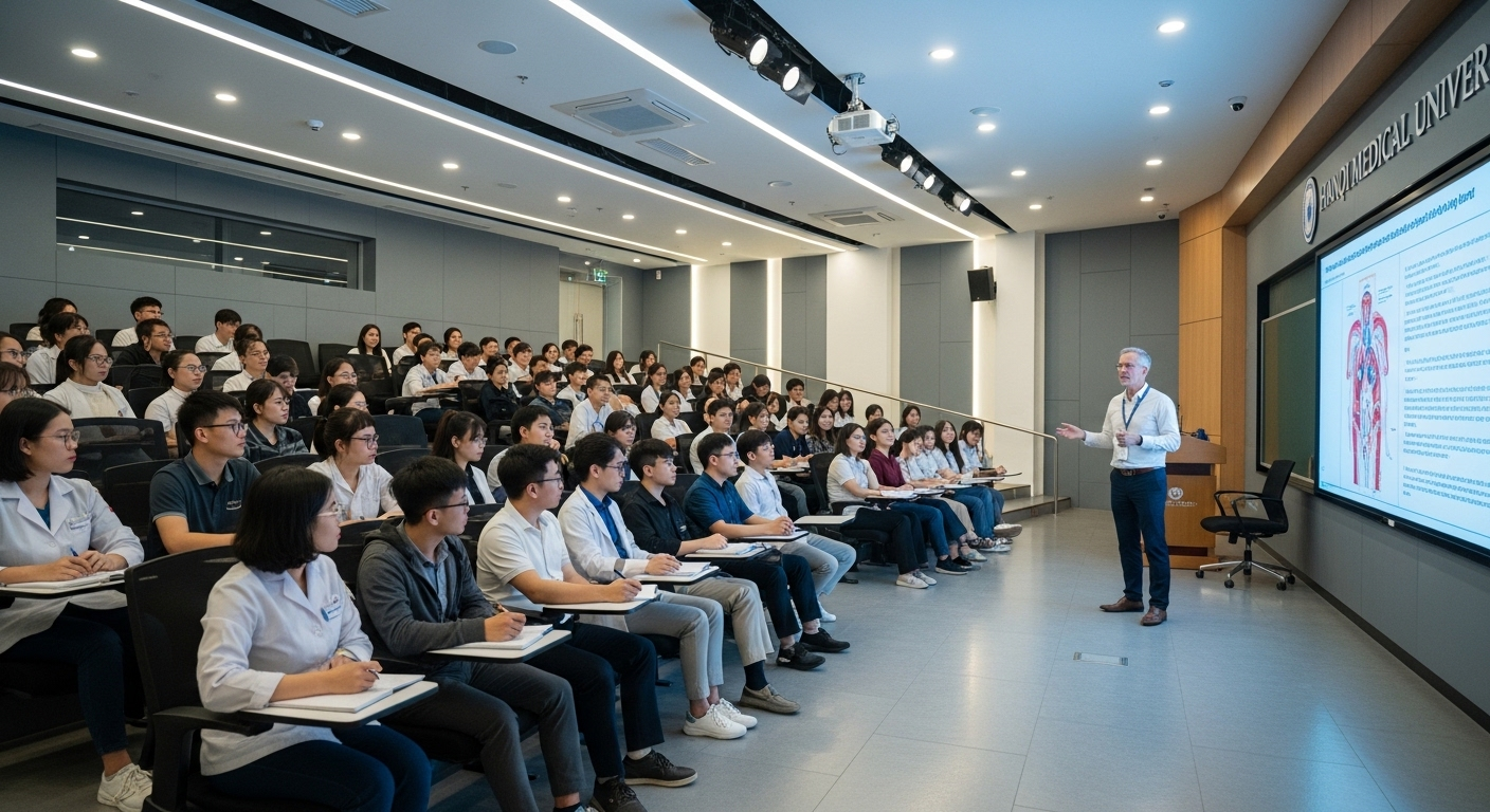 Giảng đường hiện đại, rộng rãi tại Trường Đại học Y Hà Nội với giảng viên đang thuyết trình trên màn hình lớn cho sinh viên y khoa chăm chú ghi chép.