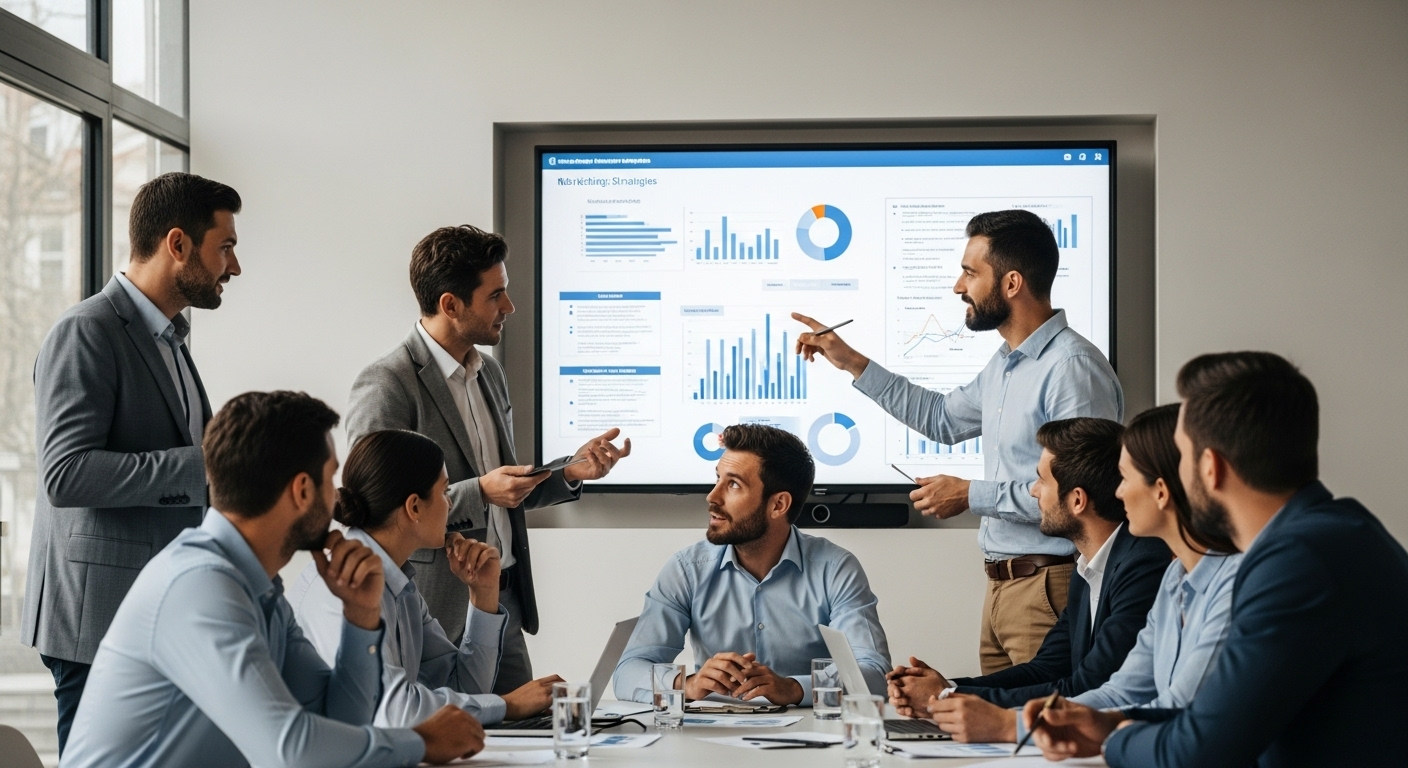 Nhóm chuyên gia đa dạng thảo luận trong phòng họp hiện đại về chiến lược kinh doanh, thể hiện ứng dụng kiến thức từ khóa học Marketing cho sinh viên.