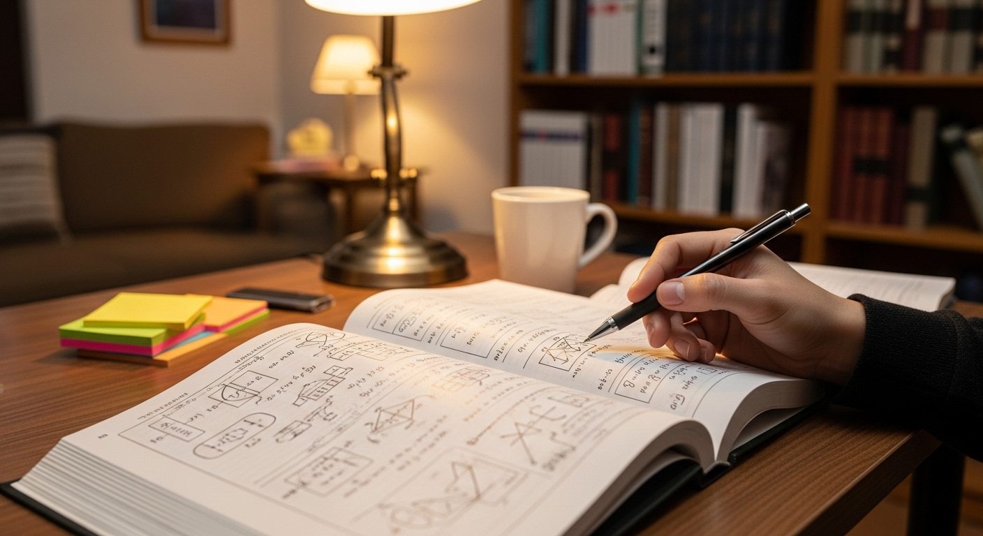 Sinh viên chăm chú học bài với sách giáo trình và ghi chú chi tiết. Gợi hình ảnh về sinh viên tại Hà Nội tìm kiếm việc làm thêm để hỗ trợ chi phí học tập.