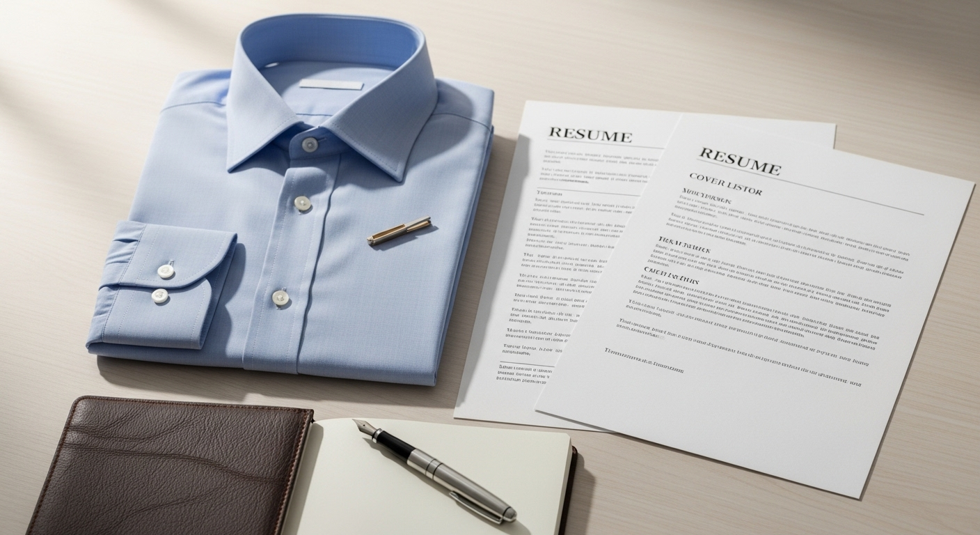 áo sơ mi, CV, sổ tay và bút. Hình ảnh này thể hiện sự tỉ mỉ, giúp bạn tự tin hơn khi tìm hiểu cách trả lời câu hỏi phỏng vấn hiệu quả.