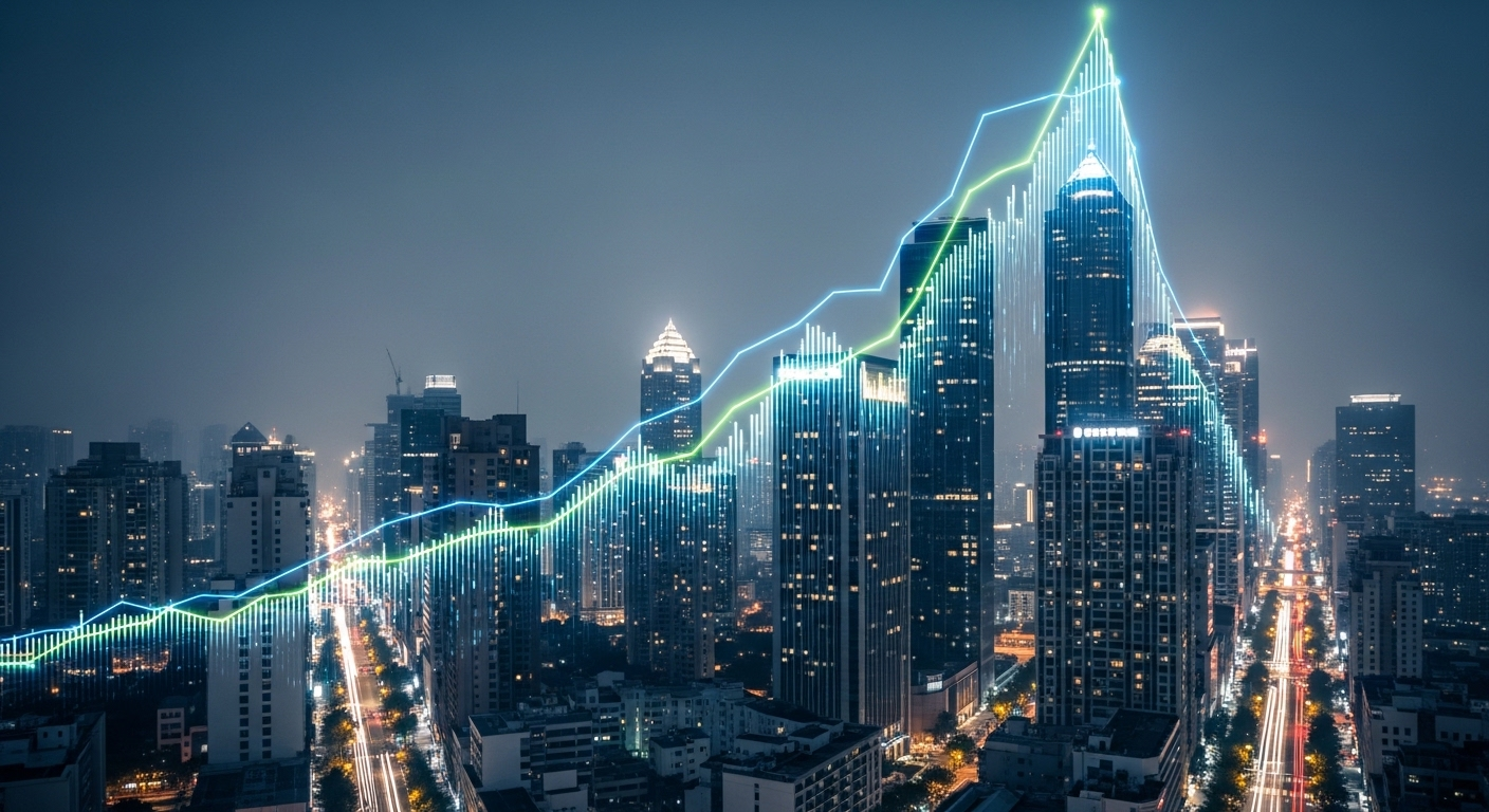 Bình minh trên thành phố hiện đại với đồ thị tăng trưởng ấn tượng, biểu trưng cho cơ hội phát triển kinh doanh mạnh mẽ, đòi hỏi những câu hỏi phỏng vấn nhân viên kinh doanh chất lượng để xây dựng đội ngũ.