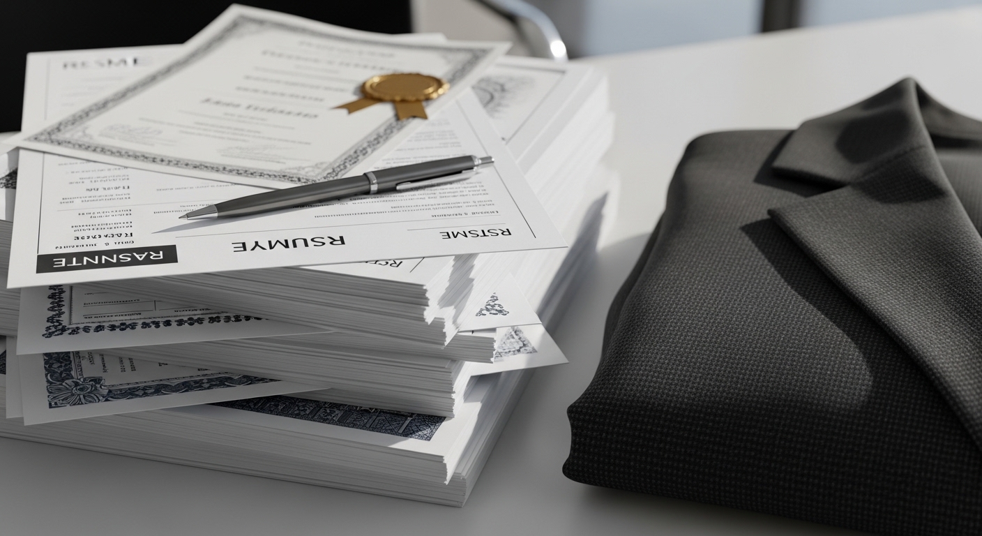 Chồng CV và bằng cấp cùng áo blazer chuyên nghiệp trên bàn làm việc, chuẩn bị cho buổi phỏng vấn tiếng Anh.