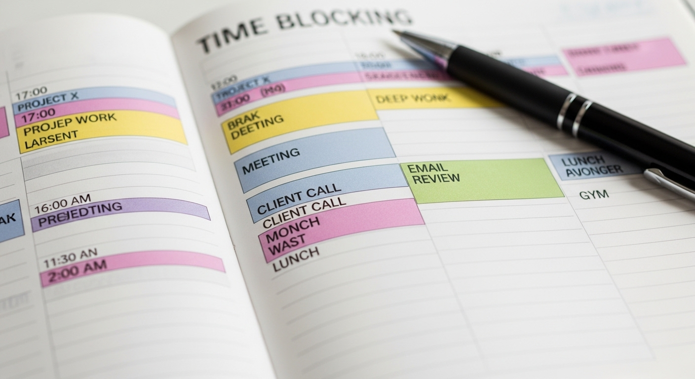 Lịch trình chặn thời gian (time blocking) được mã màu rõ ràng trên sổ kế hoạch, minh họa cách quản lý thời gian và phân bổ công việc hiệu quả, giúp sắp xếp các nhiệm vụ và tối ưu năng suất.