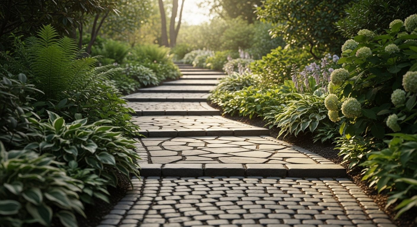 Lối đi đá rõ ràng, uốn lượn nhẹ qua khu vườn xanh mướt với ánh nắng dịu nhẹ, tượng trưng cho lộ trình phát triển và đạt mục tiêu nghề nghiệp nhân sự một cách có cấu trúc.