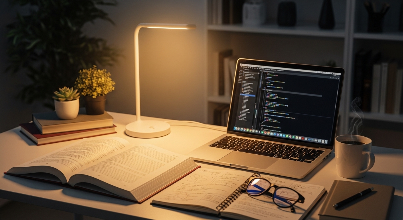 Bàn làm việc gọn gàng với sách phát triển chuyên môn, laptop và sổ ghi chép kỹ thuật, minh họa sự học hỏi và xây dựng kỹ năng chân thực. Điều này giúp cá nhân tự tin trình bày năng lực thật, tránh xa việc nói dối trong CV.