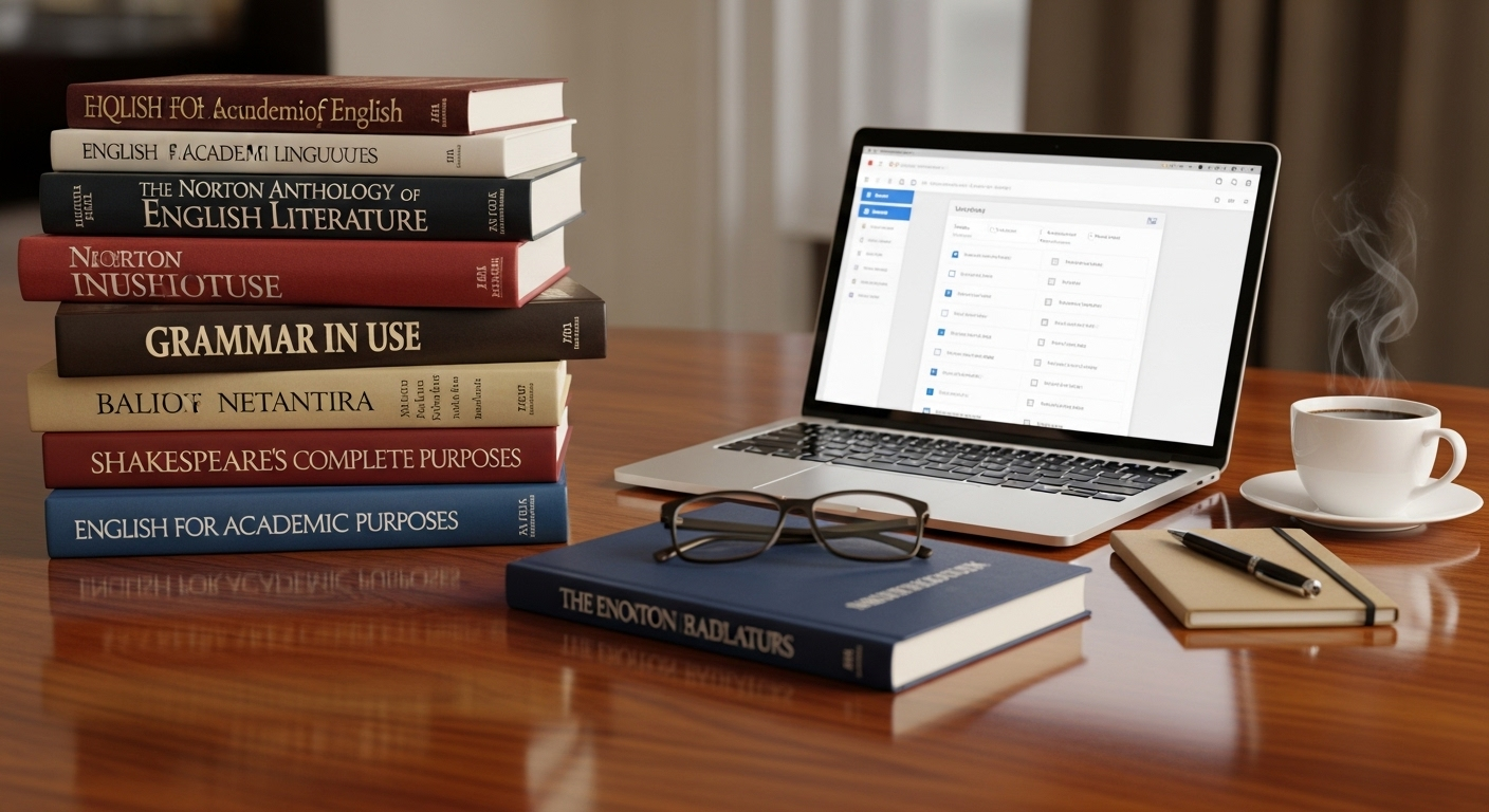 Sách tiếng Anh đa dạng và laptop chuyên nghiệp trên bàn gỗ, nguồn tài liệu hữu ích cho việc tìm hiểu cách viết CV trợ giảng tiếng Anh.