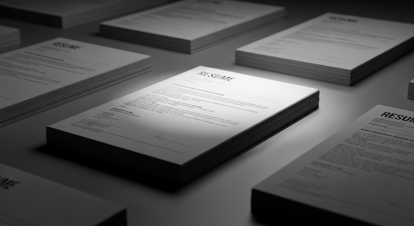 Chồng CV gọn gàng trên bàn, với một CV nổi bật dưới ánh sáng, nhấn mạnh tầm quan trọng của kỹ năng trong CV giúp hồ sơ của bạn được chú ý.