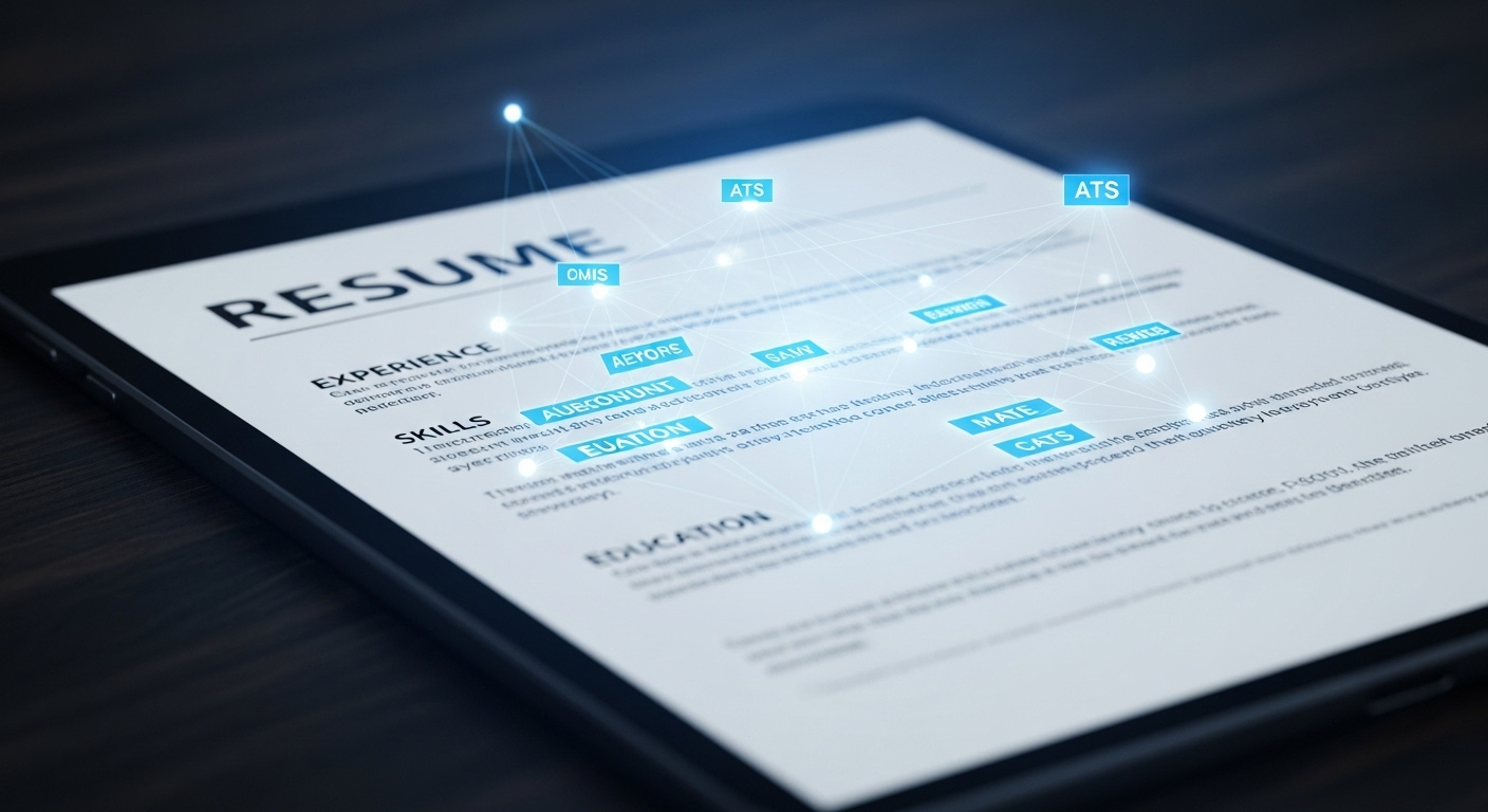 Hình ảnh mô phỏng hệ thống ATS quét CV trên màn hình máy tính bảng, làm nổi bật từ khóa phát sáng màu xanh và các đường kết nối. Đây là cách trực quan để phân tích các nguyên nhân CV bị loại.