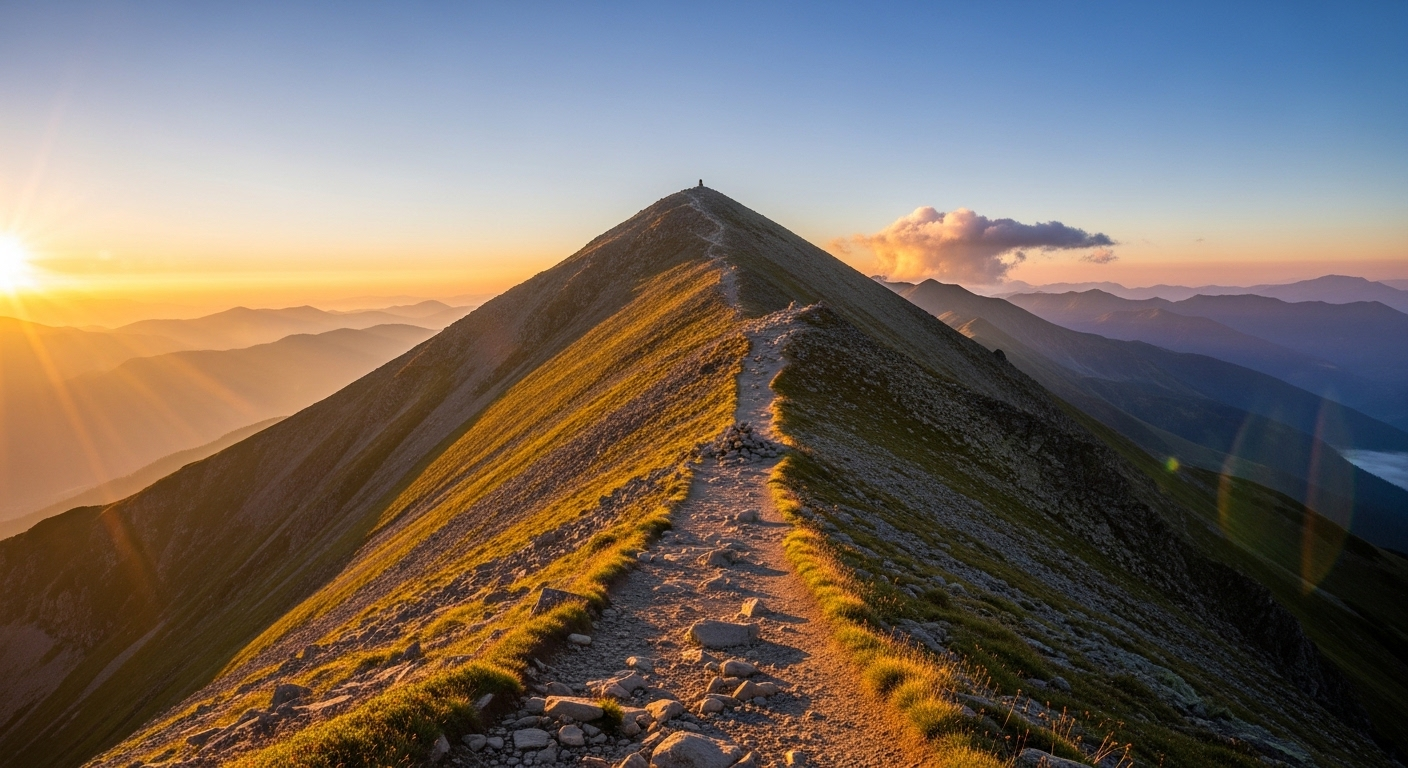 Đỉnh núi hùng vĩ trong ánh bình minh vàng, con đường rõ ràng dẫn lên tượng trưng cho mục tiêu nghề nghiệp có thể đạt được.