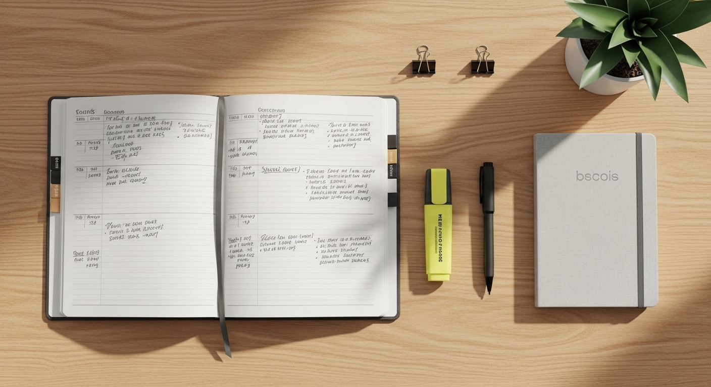 Bàn học gọn gàng với sổ kế hoạch mở và ghi chú, chuẩn bị kỹ lưỡng cho Quy chế tuyển sinh đại học 2026.