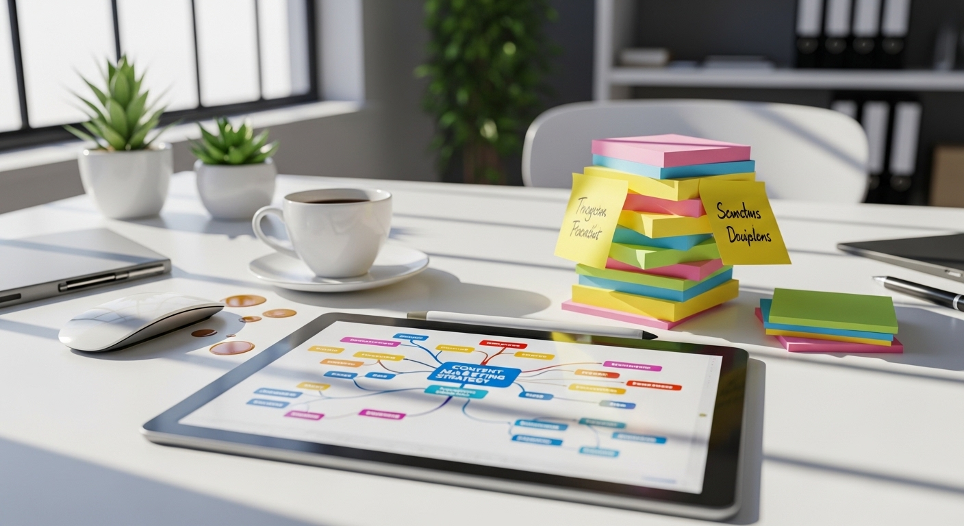 Bàn làm việc sáng tạo với máy tính bảng hiển thị bản đồ tư duy chiến lược Content Marketing, minh họa quy trình tư duy cần thiết. Đây là kỹ năng cốt lõi bạn nên làm nổi bật khi tìm hiểu cách viết CV Content Marketing chuyên nghiệp.