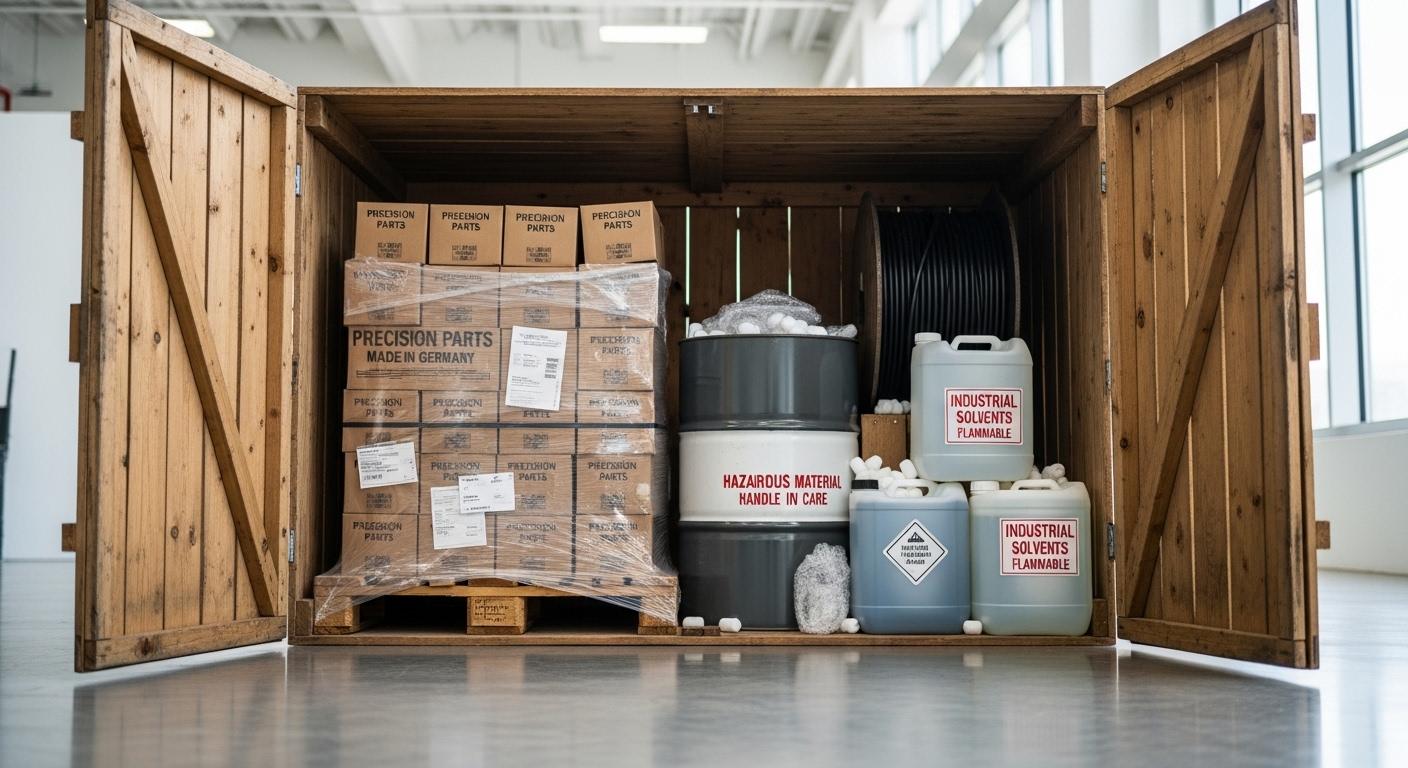 Cận cảnh thùng hàng gỗ đang mở chứa hàng hóa công nghiệp, cùng phiếu kiểm tra hải quan và máy tính bảng để thực hiện thủ tục hải quan tại kho.