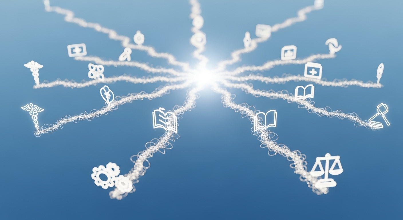 Mạng lưới các con đường phát sáng kết nối tới nhiều lĩnh vực nghề nghiệp đa dạng, gợi mở việc làm cho người biết tiếng Trung nhưng không có bằng đại học và các cơ hội khác trên nền xanh.