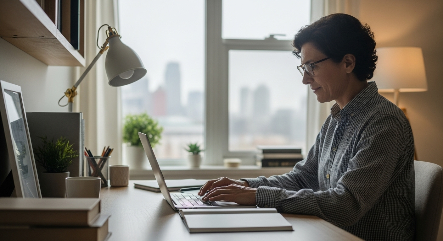 Một người trưởng thành học trực tuyến tại nhà trong không gian ấm cúng, tập trung tìm hiểu thông tin trên laptop, như Cao đẳng là gì.