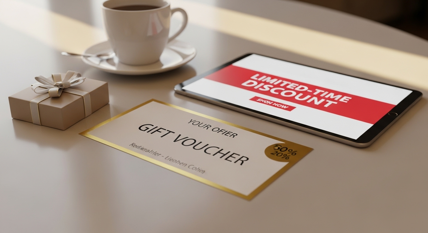 Trưng bày các ưu đãi khuyến mãi hấp dẫn gồm voucher, gói quà và giảm giá trên tablet, minh họa rõ nét Sales Pitch là gì.