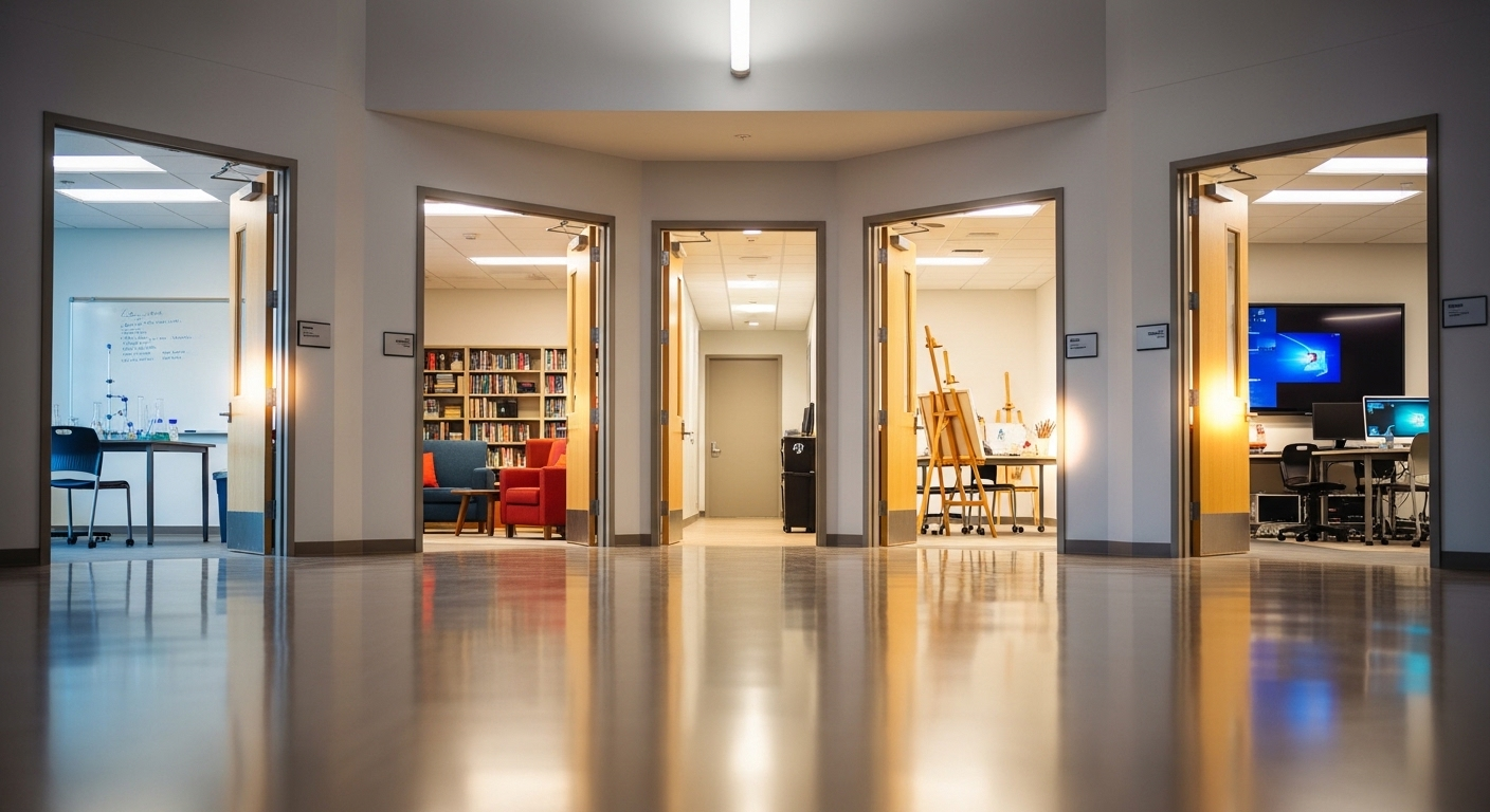 Hành lang đại học hiện đại, sáng sủa với các cánh cửa phát sáng, tượng trưng cho đa dạng các học phần tùy chọn và cơ hội học tập, minh họa rõ ràng học phần là gì trong môi trường giáo dục.