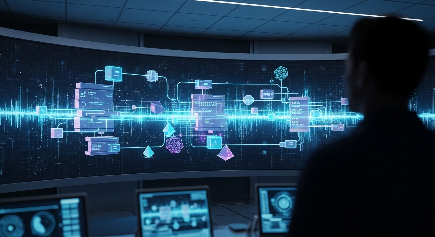 Người giám sát trong phòng điều khiển công nghệ cao nhìn vào kiến trúc phần mềm phức tạp với các mô-đun và luồng dữ liệu. Minh họa tầm quan trọng của giám sát chiến lược cho hệ thống do ChatGPT viết code và AI tạo ra.