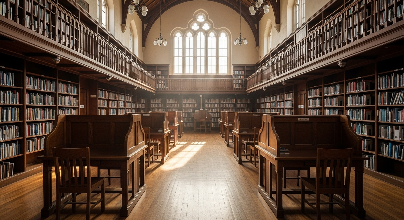 Thư viện trường học hiện đại, rộng rãi, ngập tràn ánh sáng tự nhiên với kệ sách cao và bàn học yên tĩnh, thể hiện môi trường học tập chất lượng của các top trường THPT Việt Nam.