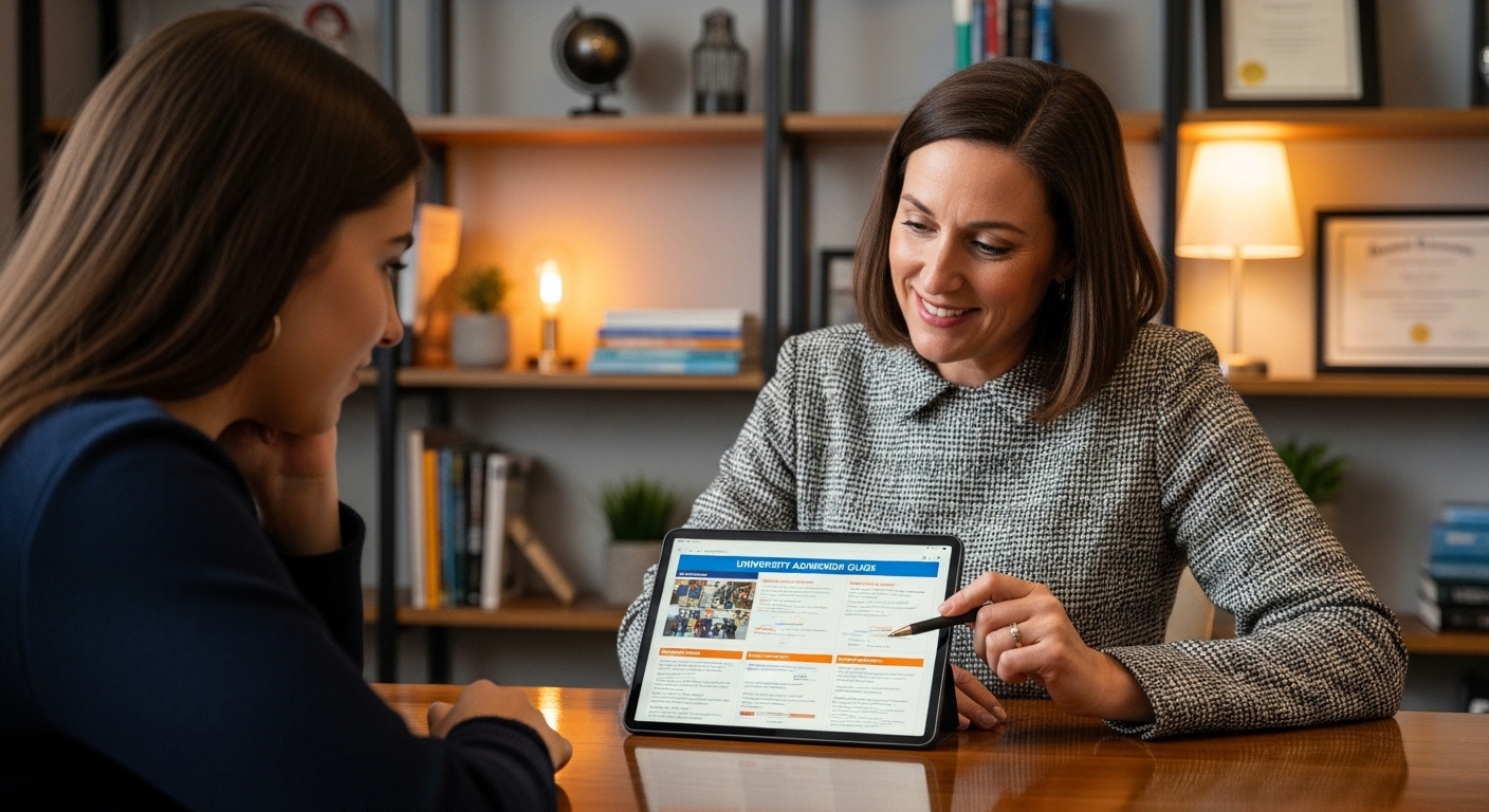 Cố vấn học tập và học sinh chăm chú xem cẩm nang tuyển sinh đại học trên máy tính bảng, tìm hiểu thông tin về các khối thi đại học.