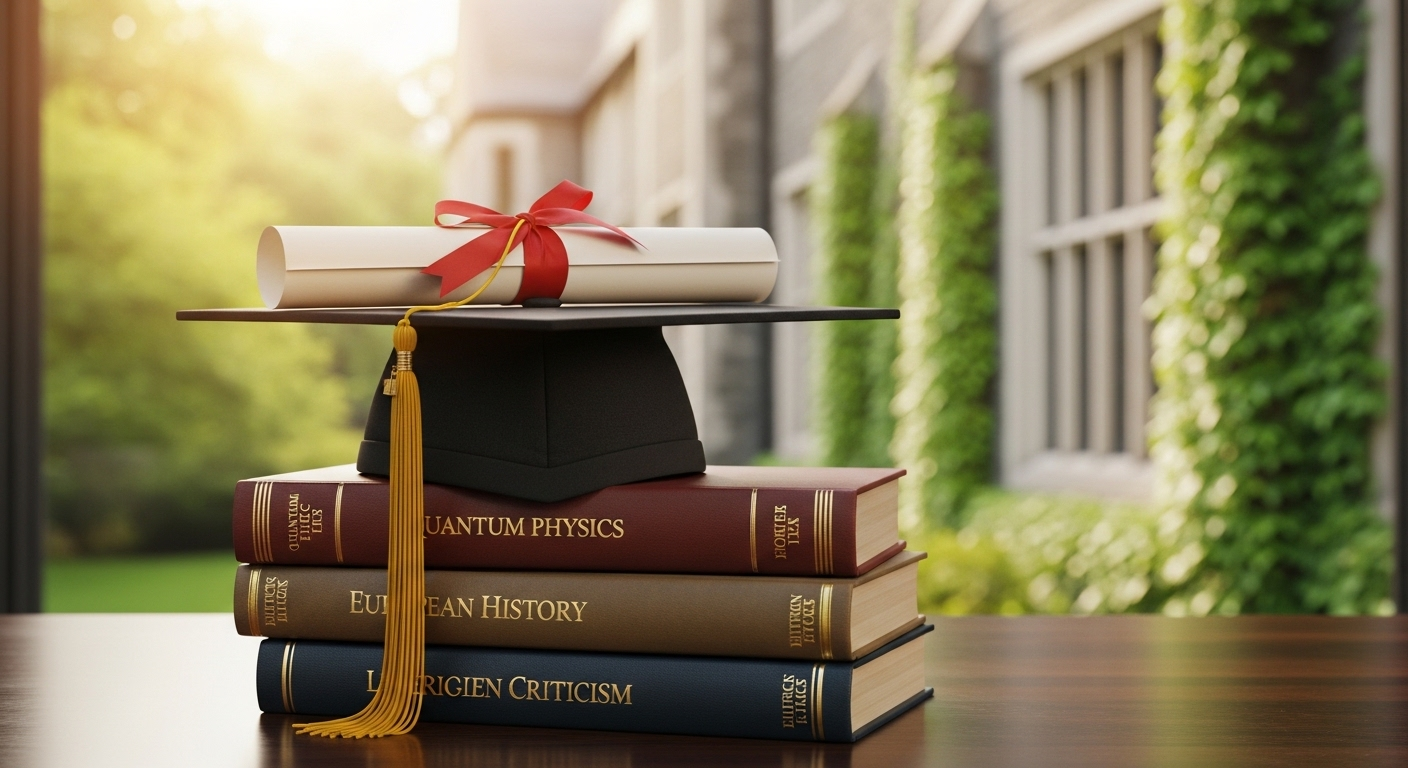 Mũ và bằng tốt nghiệp cuộn trên chồng sách, tượng trưng cho thành quả học tập tại đại học. Phía sau là khuôn viên trường rực nắng. Khám phá tín chỉ là gì để đạt được bằng cấp mơ ước.