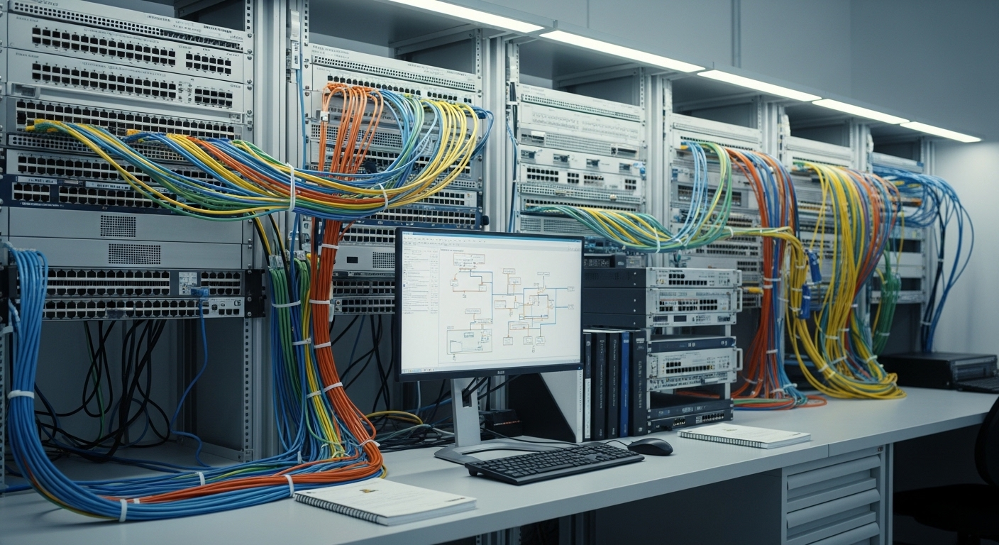 Phòng lab mạng chuyên nghiệp, gọn gàng với router, switch, dây cáp Ethernet nhiều màu, màn hình hiển thị sơ đồ mạng – một không gian lý tưởng để tìm hiểu CCNA là gì qua thực hành.