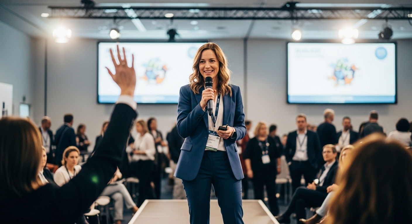Host sự kiện chuyên nghiệp cầm micro không dây, tương tác tích cực và lắng nghe khán giả đặt câu hỏi tại hội nghị lớn.