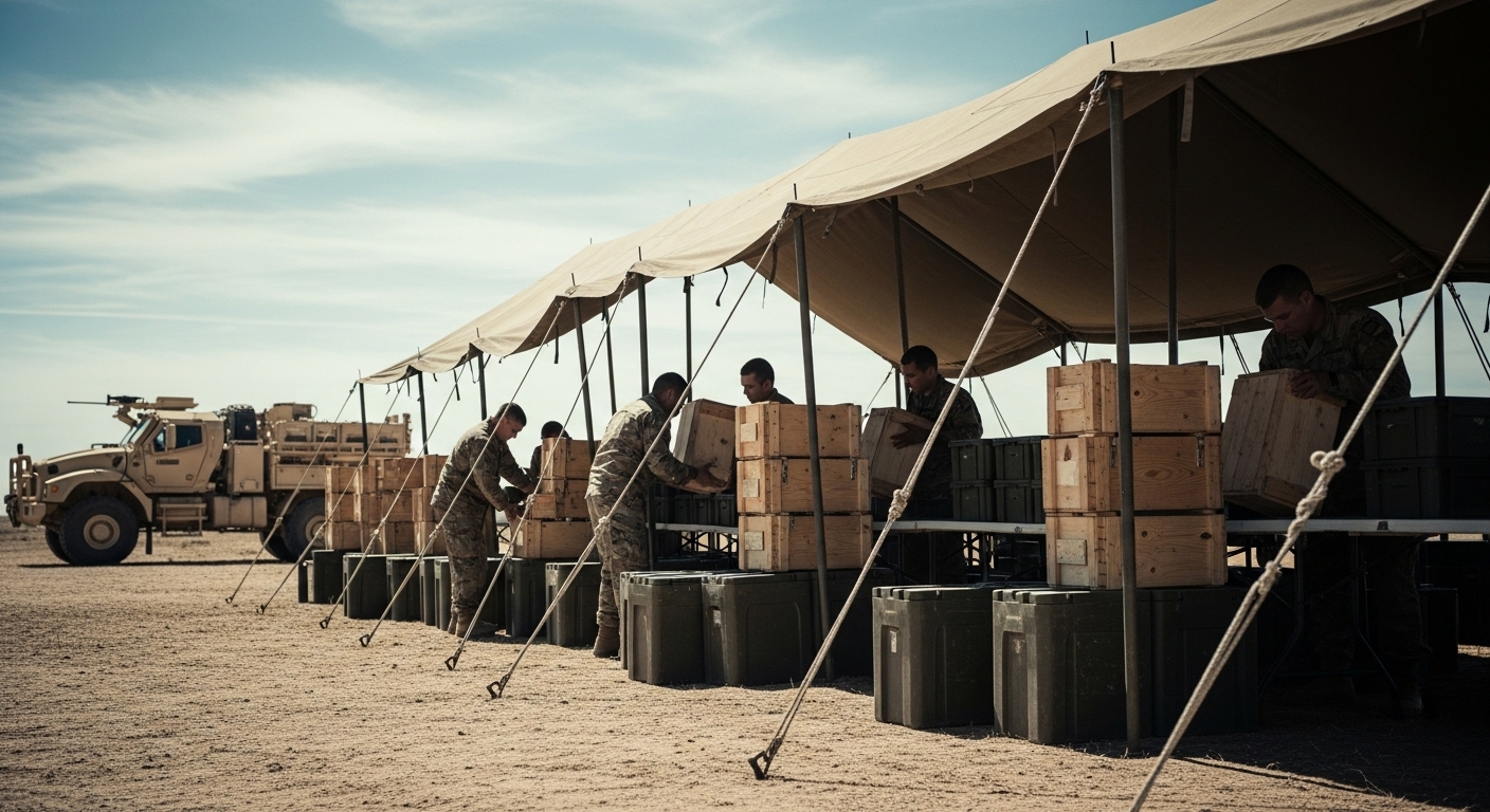 Điểm cung ứng dã chiến được tổ chức gọn gàng, minh họa rõ ràng Hậu cần là gì qua hình ảnh các quân nhân đang sắp xếp thùng hàng, vật tư dưới tán che. Xe tải chuyên dụng đậu gần đó.