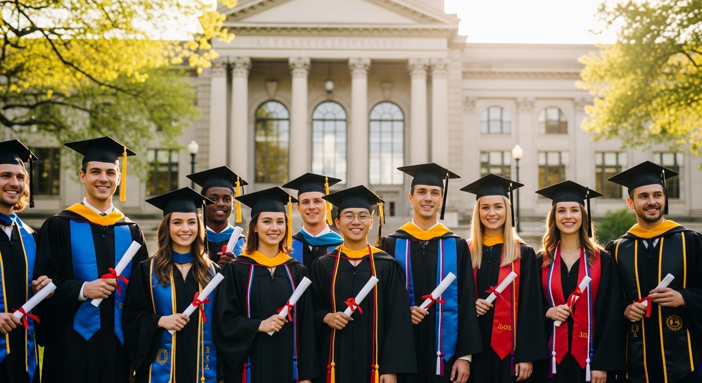 Nhóm cử nhân đa dạng cười rạng rỡ dưới nắng, cầm bằng tốt nghiệp trước tòa nhà hoành tráng của một trường đại học top đầu Việt Nam.