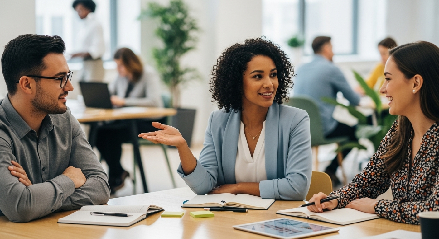Ba chuyên gia đa dạng thảo luận tích cực trong văn phòng hiện đại, thể hiện tinh thần đồng đội và sự phù hợp văn hóa – những yếu tố giúp ứng viên tránh được các lý do bị từ chối phỏng vấn.