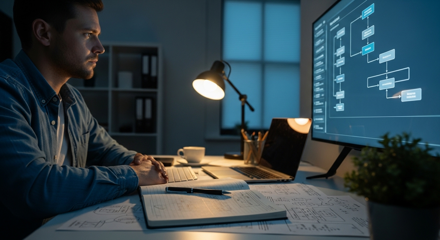 Một cá nhân trầm tư trên bàn làm việc gọn gàng, tập trung vào sơ đồ quyết định phức tạp trên màn hình, phân tích sâu sắc câu hỏi có nên quay lại công ty cũ.