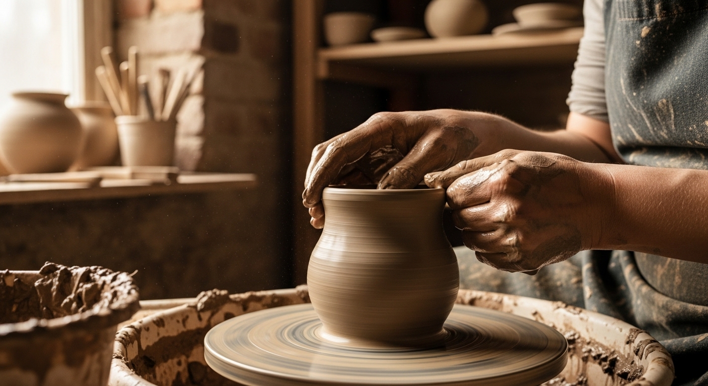 Đôi tay tỉ mỉ nặn đất sét ướt trên bàn xoay gốm trong xưởng mộc mạc. Khám phá quy trình làm gốm và tìm hiểu phông bạt là gì.