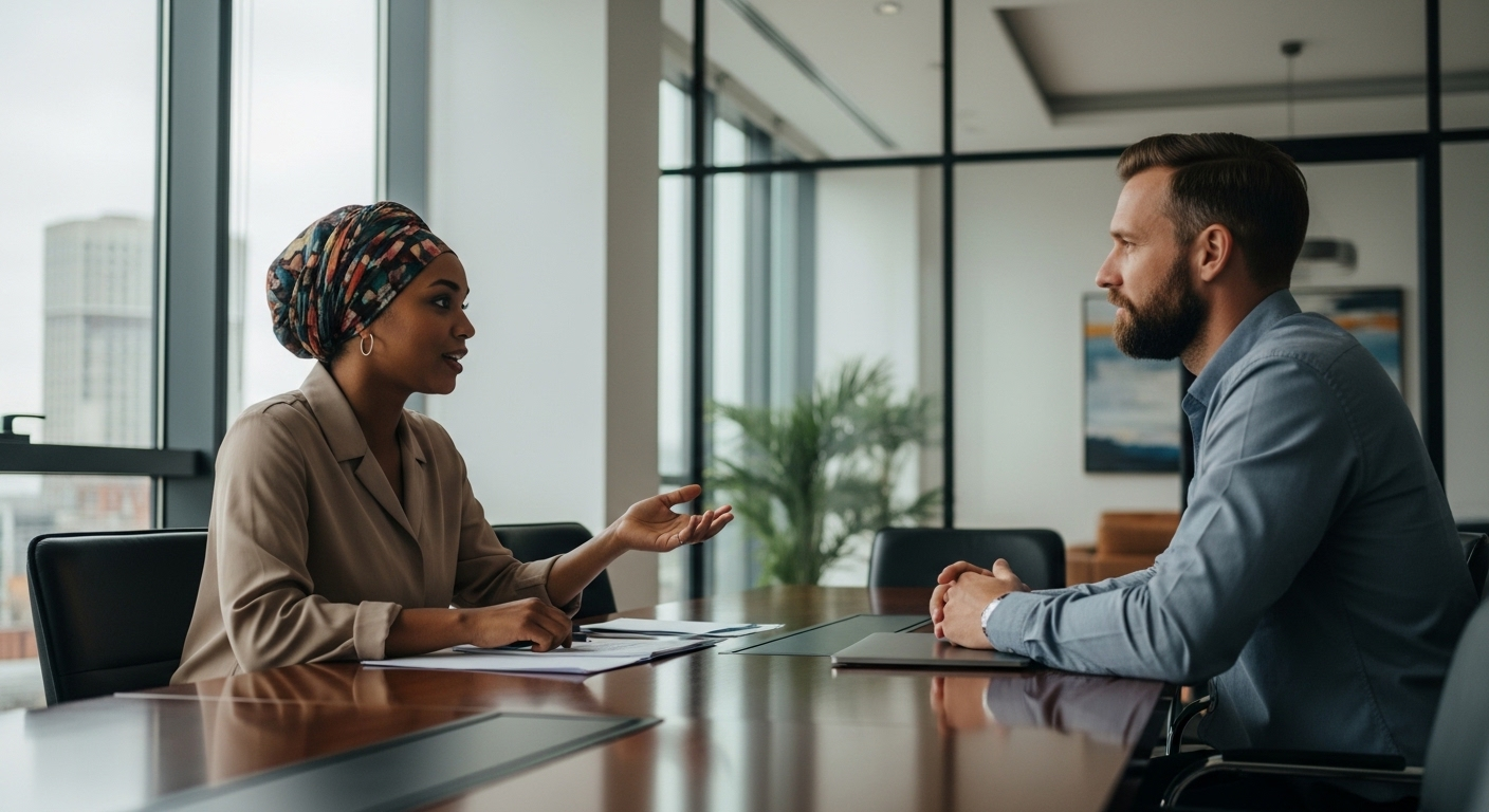 Hai chuyên gia đa dạng đang thảo luận tập trung tại bàn họp hiện đại; một người diễn giải bằng cử chỉ tay, người còn lại lắng nghe chăm chú. Hình ảnh minh họa cách giải quyết vấn đề với cấp dưới hiệu quả qua đối thoại và sự tôn trọng.