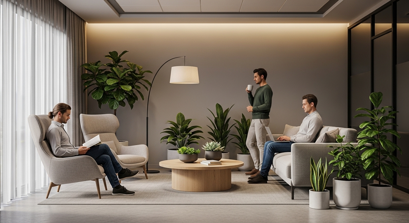 Khu thư giãn văn phòng hiện đại với ghế êm, cây xanh, và người đọc sách/làm việc, tạo nên môi trường làm việc lý tưởng yên bình.