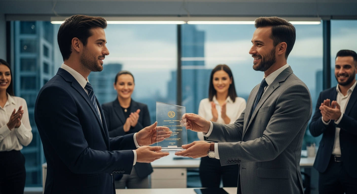 Quản lý trao giải thưởng vinh danh cho nhân viên tại văn phòng hiện đại, thể hiện chính sách đãi ngộ nhân sự chuyên nghiệp và sự ghi nhận xứng đáng.