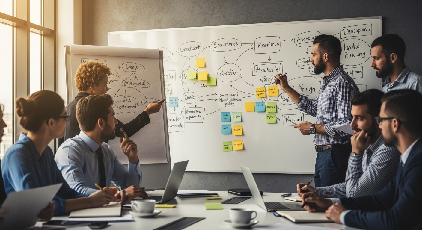 Ảnh chân thực một buổi động não sôi nổi với bảng trắng đầy sơ đồ và ý tưởng, nhiều người tham gia tích cực đóng góp, thể hiện các kỹ năng nhà tuyển dụng đánh giá cao như giải quyết vấn đề và đổi mới sáng tạo.