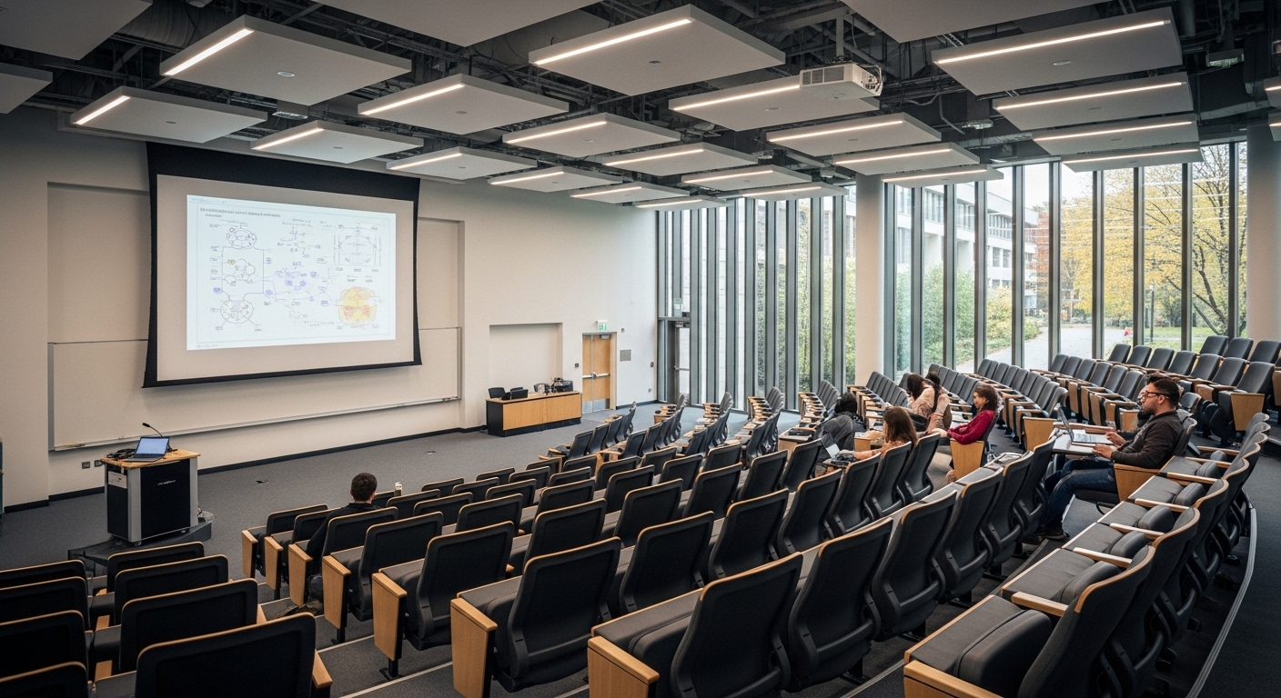 Giảng đường đại học hiện đại, sáng sủa với hàng ghế công thái học và màn hình chiếu lớn, tạo không gian học tập lý tưởng cho sinh viên tương lai khi họ tìm hiểu về học phí Đại học Quốc gia Hà Nội 2026 và môi trường học.