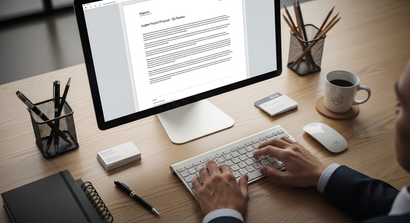 Tay chuyên nghiệp đang soạn thư mời phỏng vấn qua mail trên máy tính, bàn làm việc gọn gàng.