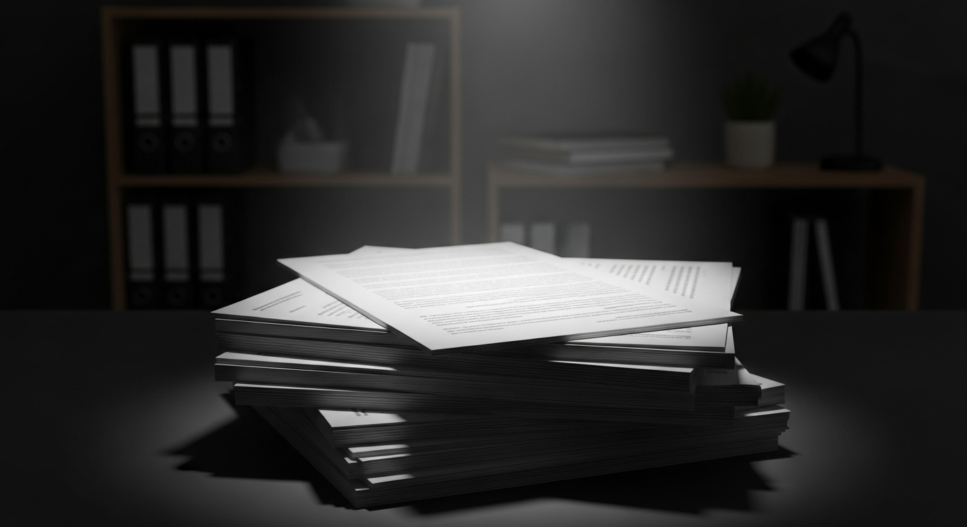 Một tài liệu được chiếu sáng nổi bật từ chồng giấy, tượng trưng cho thư cảm ơn sau phỏng vấn bằng tiếng Anh cần được chú ý.