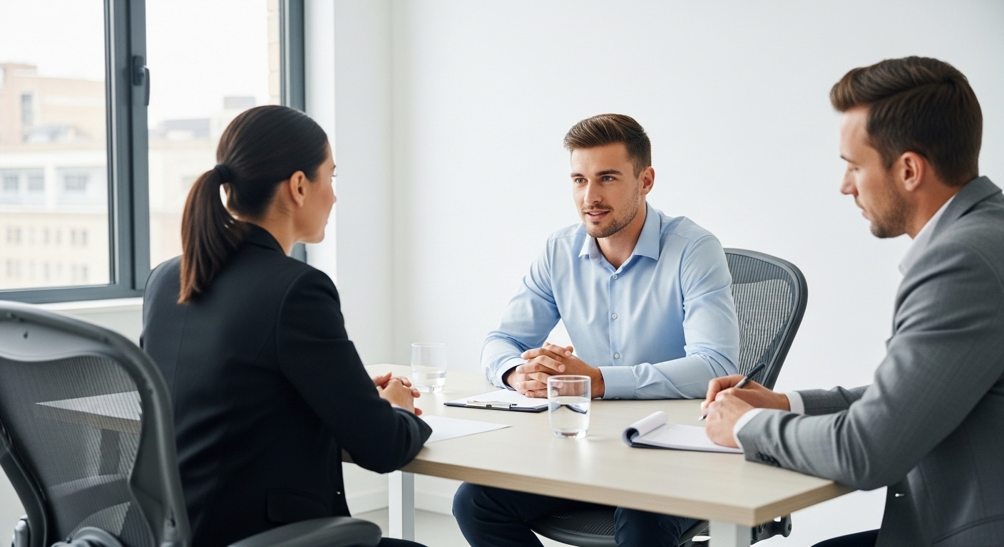 Ứng viên trẻ tự tin trả lời hai nhà tuyển dụng trong buổi phỏng vấn trợ giảng tiếng Anh chuyên nghiệp tại văn phòng hiện đại.