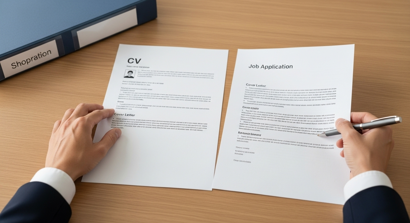 Bàn tay chuyên nghiệp xem xét hồ sơ xin việc FPT (CV và thư ứng tuyển) trên bàn gỗ sáng.