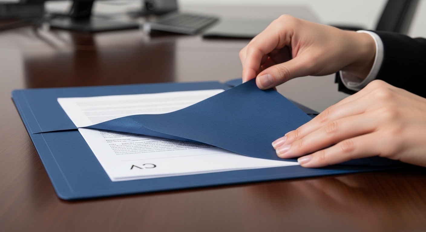 Tay chuyên nghiệp cẩn thận mở hồ sơ xin việc màu xanh gọn gàng, với CV được sắp xếp ngăn nắp, minh họa cách sắp xếp hồ sơ xin việc chuyên nghiệp.