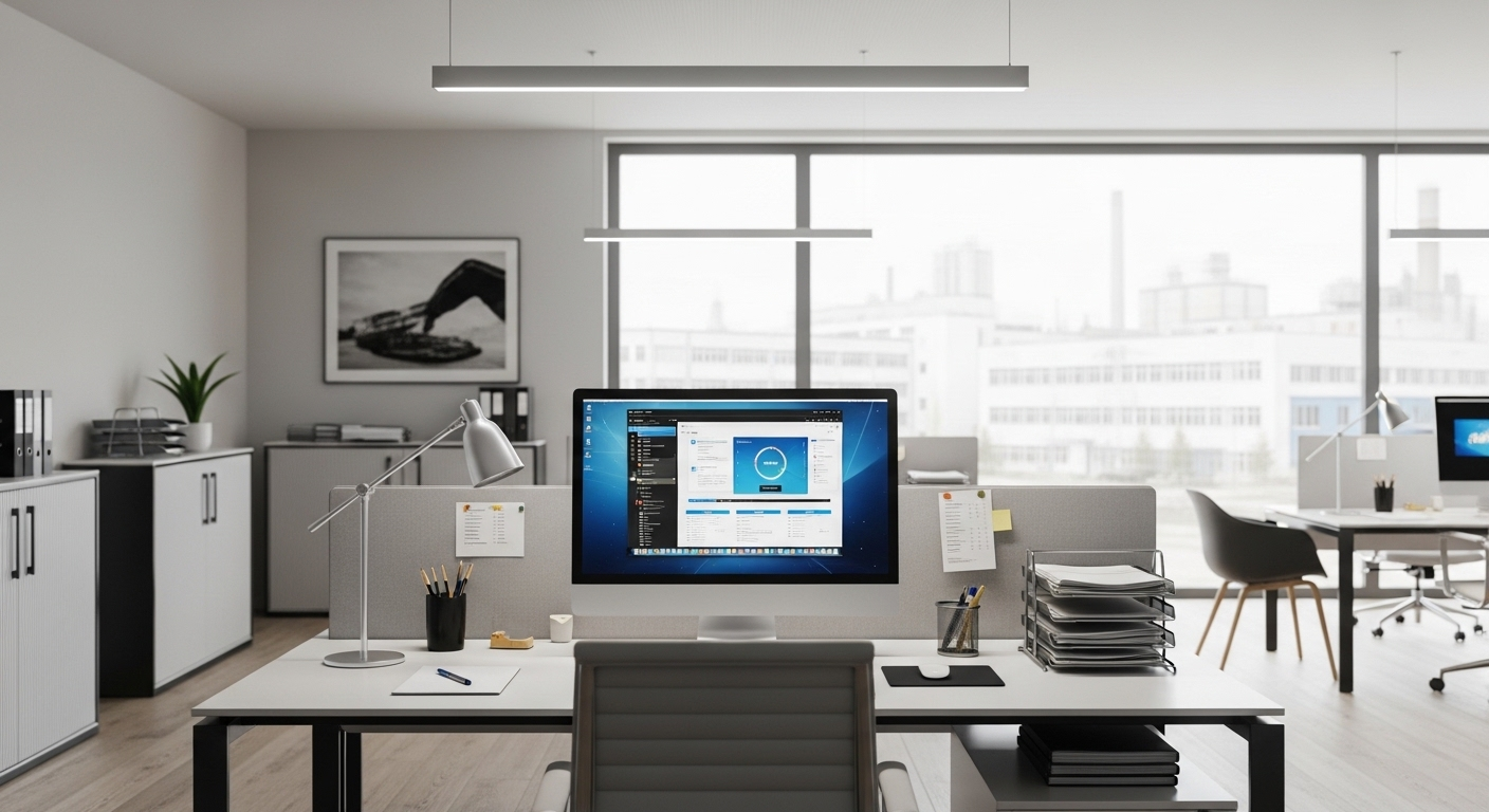 Văn phòng làm việc hiện đại, ngăn nắp với bàn máy tính và các tài liệu, nhìn ra khung cảnh nhà máy trong khu chế xuất, bối cảnh lý tưởng cho việc chuẩn bị hồ sơ xin việc khu chế xuất.