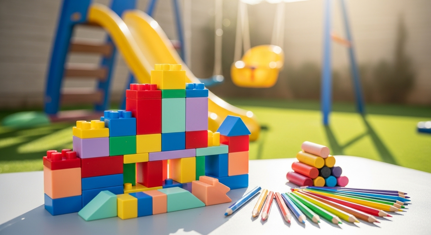 Khối xếp hình nhiều màu và bút sáp gọn gàng trên thảm, hậu cảnh khu vui chơi sáng tạo đầy nắng. Minh họa môi trường học tập ngăn nắp, tư duy sáng tạo, rất phù hợp cho hồ sơ xin việc giáo viên mầm non.